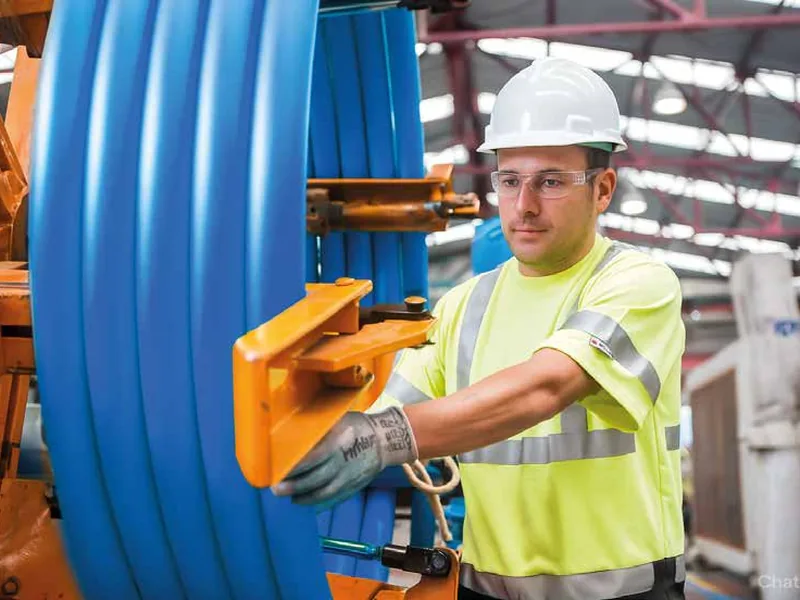 Rollo de tubería HDPE azul PE100 en planta